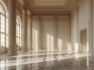 Fototapeta premium Sunlit neoclassical interior with marble floor and grand columns, elegant palace hall architecture background with soft natural light