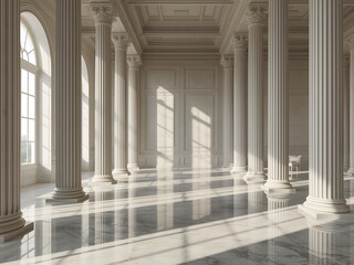 Obraz premium Sunlit neoclassical interior with marble floor and grand columns, elegant palace hall architecture background with soft natural light