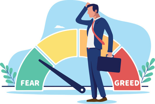 Market fear and greed index - businessman investor person standing scratching head looking at stock market indicator showing fear and uncertainty in economy and finances. Flat design illustration