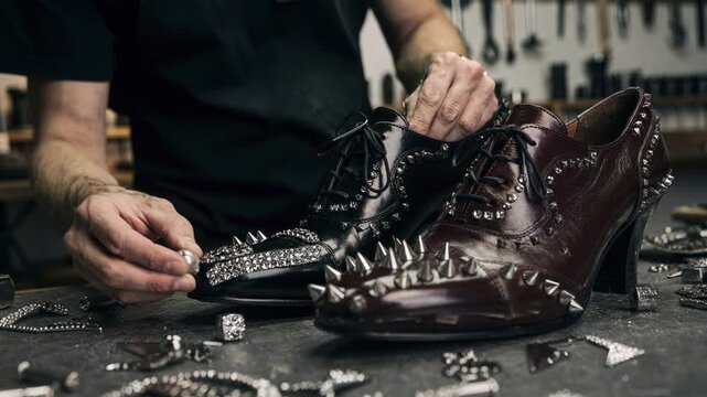 Medium shot showing a craftsman fastening shiny metallic trims and sparkling studs onto classic womens dress shoes emphasizing bold and edgy decorative details.