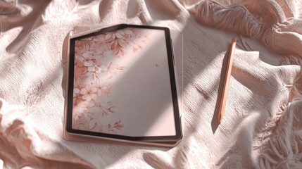 A digital tablet and stylus rest on a textured, light-pink fabric backdrop