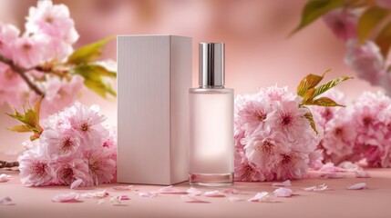 A perfume bottle and box sit amidst pink cherry blossoms. Soft lighting with petals