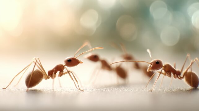 Ultra realistic ants crawling on kitchen countertop with blurred background, showcasing intricate details of their bodies and antennae