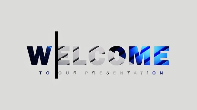 Striking animated welcome text graphic featuring dynamic colorful digital overlays announcing a formal presentation start time