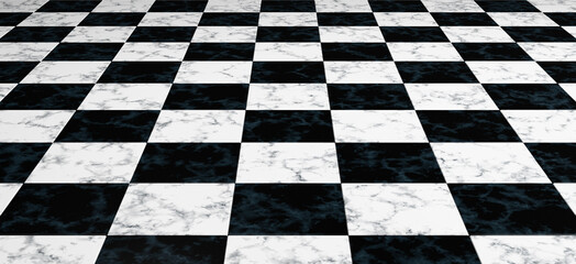Obraz premium Black and White Marble Checkered Floor Texture in Perspective View. 3D rendering.