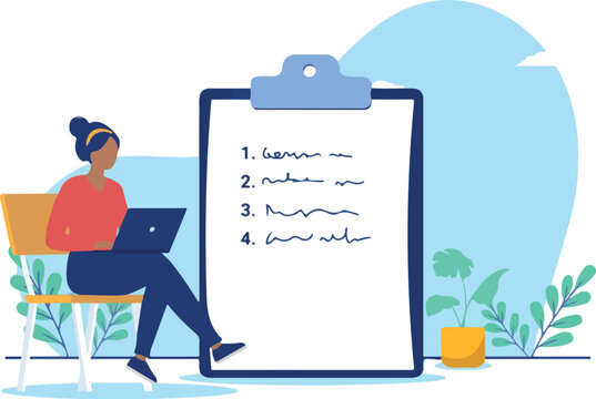 Woman taking notes and making list - Person sitting in chair with laptop computer in front of big clipboard writing and working. Flat design vector illustration with white background