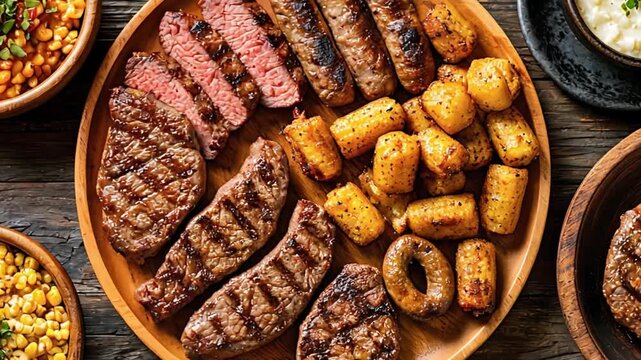 Wooden platter with various cuts of grilled beef steak, sausage, burgers, and corn with mashed potato on a wooden table. Delicious meat assortment for barbecue.