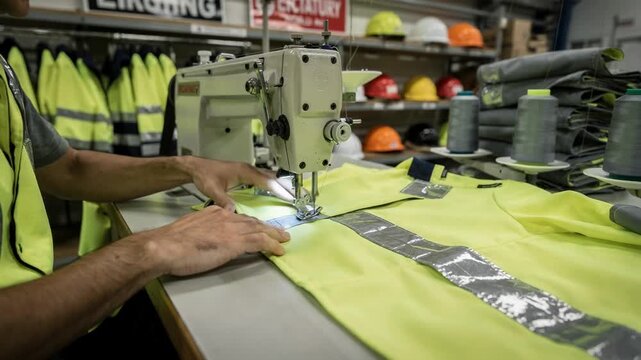 Medium shot of a worker sewing reflective panels onto a neon yellow highvisibility parka highlighting safety gear assembly for construction site use.