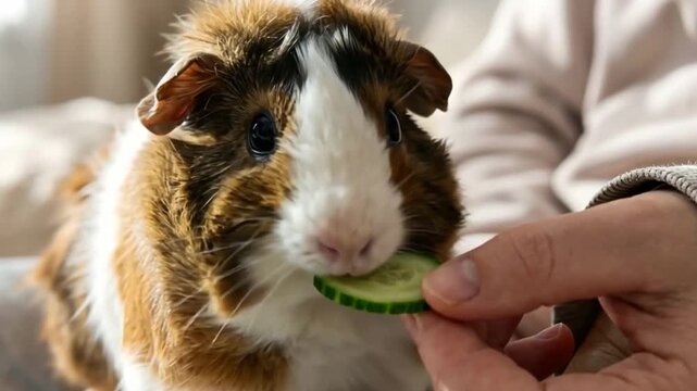 Woman feeding guinea pig a cucumber slice. Pet owner giving vegetable as a treat to brown and white domestic animal.