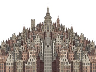 Fototapeta premium Symmetrical City Skyline Reflection with Vintage Architecture in Abstract Mirrored Composition 