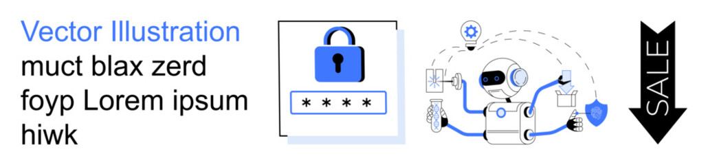 Online security, data protection, password safety, digital identity, automation, sale. A lock icon and robot illustration with arrows and shields. Cybersecurity and data protection visualization