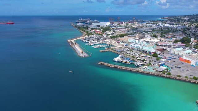Bridgetown historic city center aerial view with Bridgetown port at the back, Bridgetown, Barbados. Historic Bridgetown and its Garrison is a UNESCO World Heritage Site since 2011.