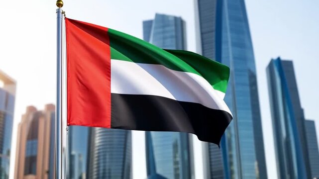 United arab emirates flag flying against modern city skyline buildings. National symbol waving with futuristic architecture background. Celebration and national pride concept.
