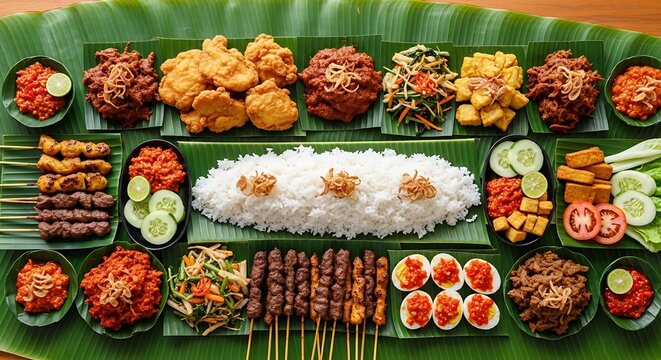 Vibrant Indonesian feast on banana leaves, featuring an array of traditional dishes like satay, rendang, fried chicken, and rice, perfect for communal dining