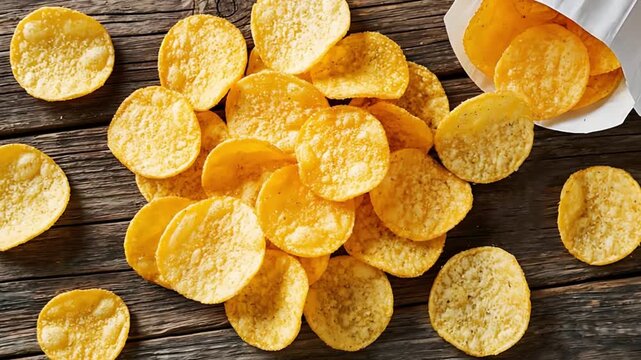 Overhead view of potato chips scattered and spilling from a white paper bag on a rustic wooden table for snack food concept.