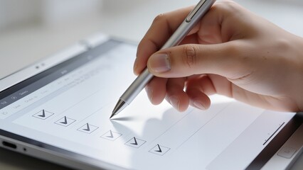 Hand using stylus on digital checklist