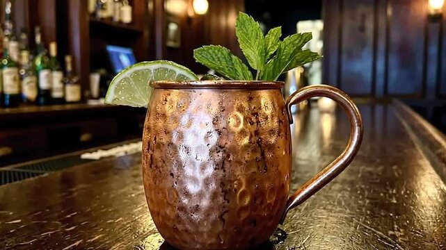 Moscow mule cocktail with lime and mint garnish on a bar counter with liquor bottles in the background for beverage menu.