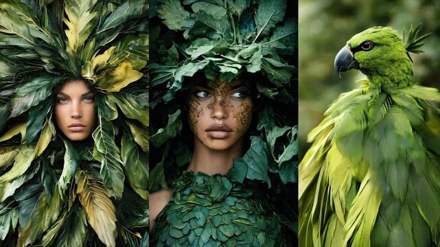 A triptych portraying nature's embrace women adorned with leaves and a parrot, all green