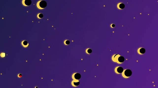 Whimsical night sky animation featuring golden crescent moons and stars drifting across a deep purple background