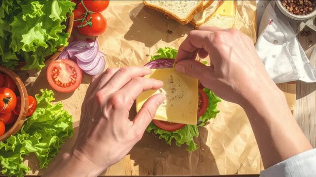 Hands preparing a fresh healthy sandwich with cheese and vegetables