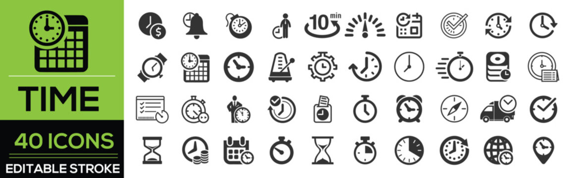 Time and clock line icon set in modern outline style. Collection includes clock, timer, alarm, stopwatch, calendar, countdown, watch, schedule, and time management symbols. Editable stroke vector