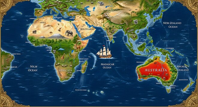 An illustrated world map depicting continents with animals and a ship sailing the ocean, suggesting adventure.