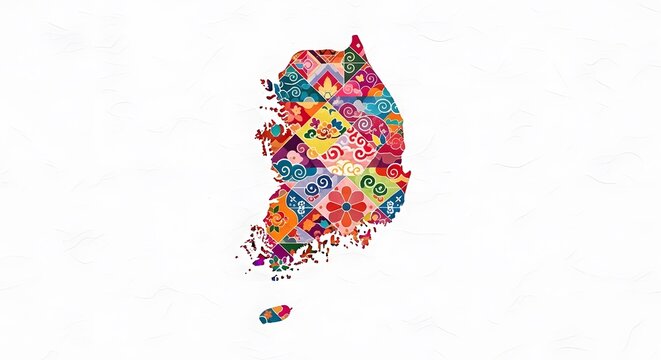 Map of Korea in a vibrant and colorful mosaic pattern with traditional Asian motifs.