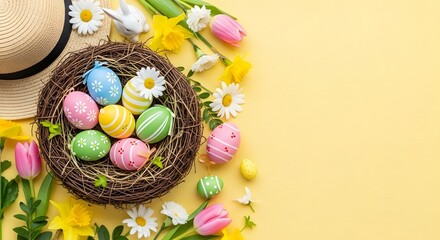 Colorful Easter eggs in a bird nest with spring flowers and a straw hat on a yellow background