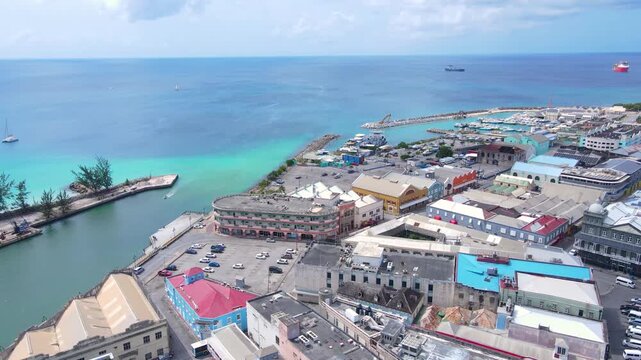 Bridgetown historic city center aerial view with Bridgetown port at the back, Bridgetown, Barbados. Historic Bridgetown and its Garrison is a UNESCO World Heritage Site since 2011.