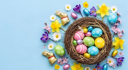 Bird's nest with colorful Easter eggs, spring flowers, and chocolate bunnies on a light blue background.
