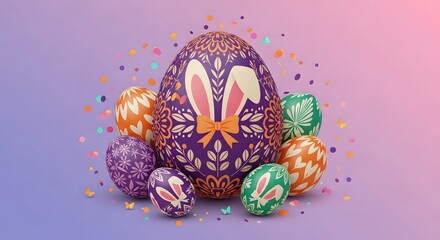 Colorful decorated Easter eggs with bunny ears and patterns on a festive gradient background