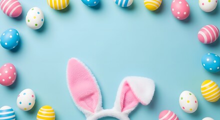 Easter eggs and bunny ears headband on a pastel blue background for spring holiday celebration
