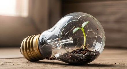 Small green sprout growing from soil inside a cracked light bulb on a wooden table representing sustainable energy and eco friendly ideas