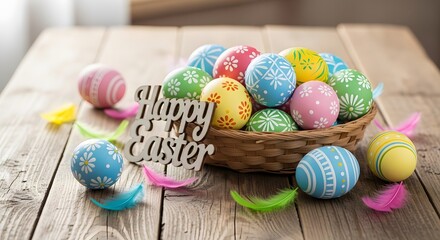 Vibrant Easter eggs in a basket with a 'Happy Easter' sign and colorful feathers on a rustic wooden table.