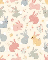 Obraz premium Cute Pastel Bunny Pattern Background with Hand Drawn Rabbit Illustration for Baby Design 