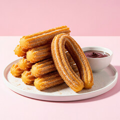 Churros Stack with Chocolate Dip on Pastel Pink