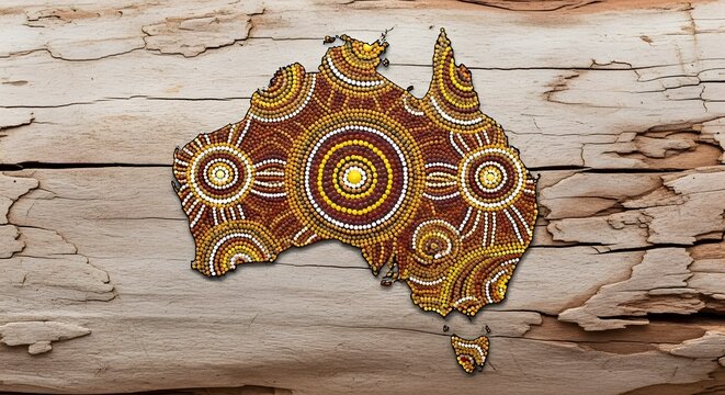 Aboriginal Dot Painting Map of Australia on Textured Wood Background