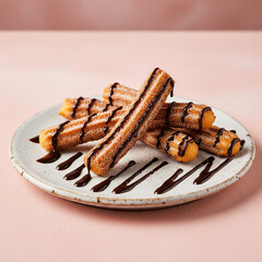 Churros with Chocolate Drizzle on Pastel Background