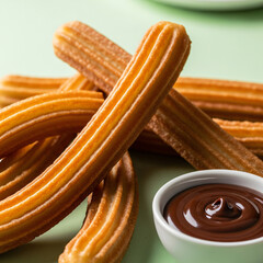 Minimalist Close-up of Golden Churros with Chocolate Dip on Pastel Green