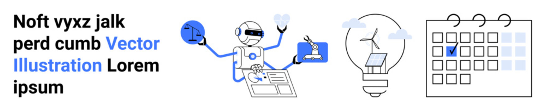 Technology, automation, task planning, innovation, artificial intelligence, workflow management. Robot interacting with devices, light bulb and a calendar. Technology and automation