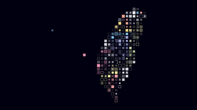 Taiwan animated country shape. Pulsating colored dots on the map of the country. Large size square blocks. Digital style Taiwan map on dark background. Amazing animation video.