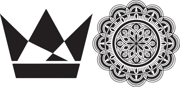 Geometric crown icon and complex floral mandala pattern set representing royalty and artistic craft
