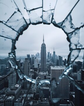 Shattered Glass Frame Over Modern City Skyline with Dramatic Urban Architecture and Broken Window Effect
