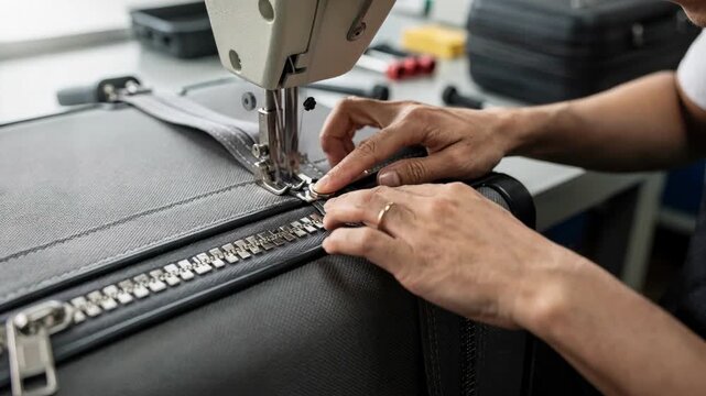 Medium shot of professional stitching metaltoothed zippers into luggage shells highlighting precision and quality in custom luggage manufacturing.