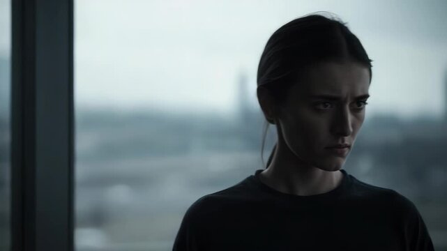 Young woman portrait pensive by window in moody high rise city skyline with serious expression