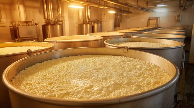 industry cheese making room with large vats of curd on blurred background