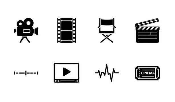 Black Video and Film Silhouette Icon Set Flat Vector