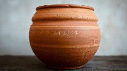 Rustic terracotta pot on dark wood surface, studio lighting