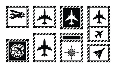 Aviation themed postage stamp silhouette vector design element graphic illustration set collection © GoDesigner