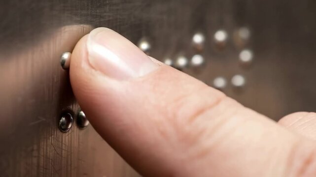 Caucasian man finger reading braille text on a metal surface for visually impaired person accessibility and communication